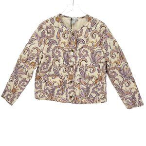 Rachel Zoe‎ Paisley Quilted Jacket Size XL Floral Button Up Pockets Cream Purple